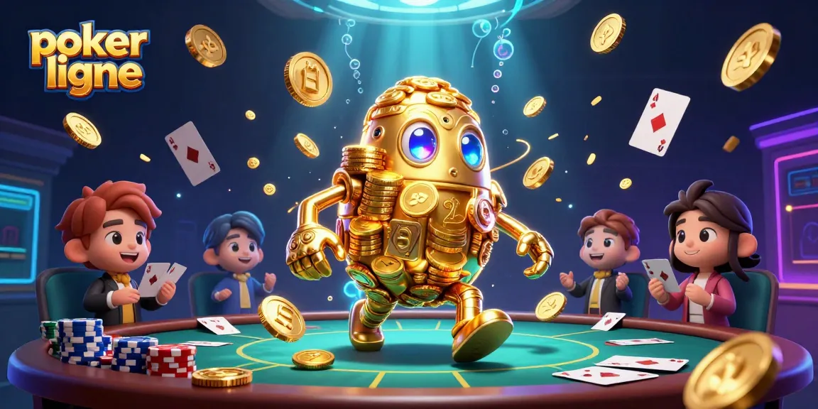 Joue au poker en ligne sur une table animée avec un golem en pièces d'or et des cartes de poker.