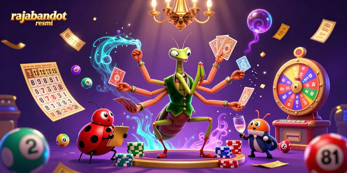 Engage with rajabandot resmi's vibrant casino scene featuring a giant mantis dealer amidst colorful lottery elements.