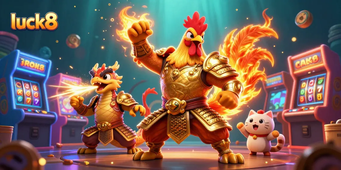 Exciting luck8 gaming action with a rooster warrior and dragon hatchling among slot machines and jackpot elements.