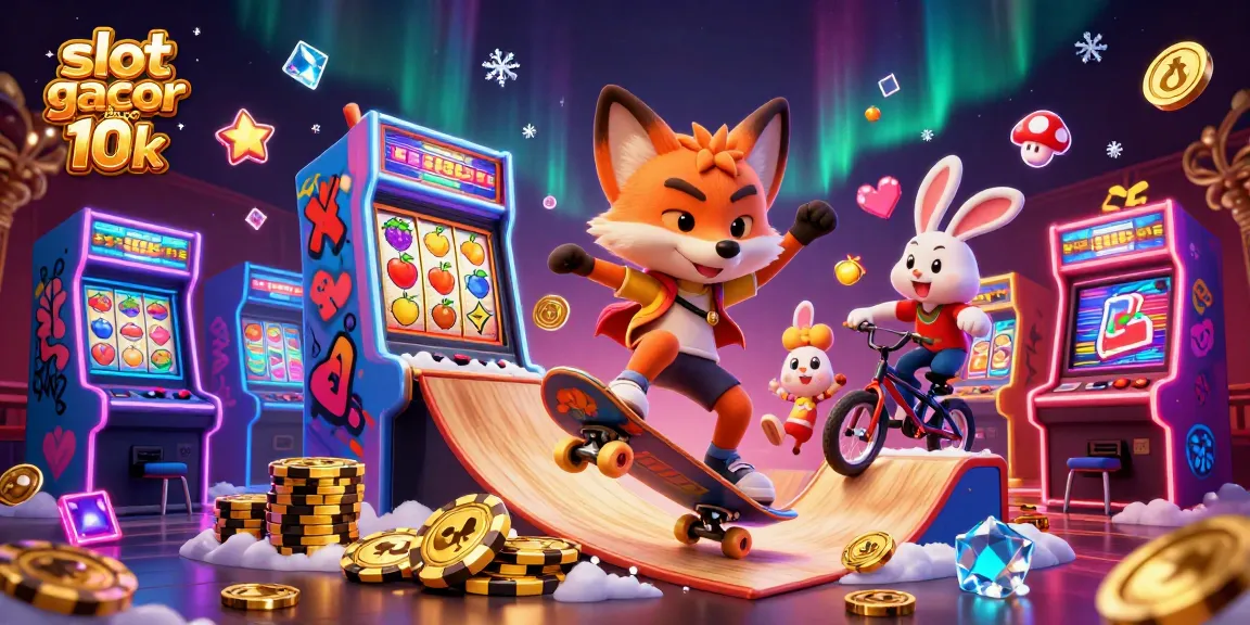Menangkan slot gacor depo 10k dengan ilustrasi inovatif mesin slot dan karakter kasino yang menghibur.