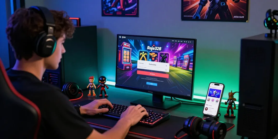 Engaged user entering login raja328 credentials on a vibrant gaming platform interface