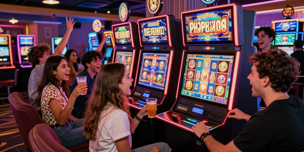 Friends celebrating while playing a slot machine in a vibrant casino atmosphere.