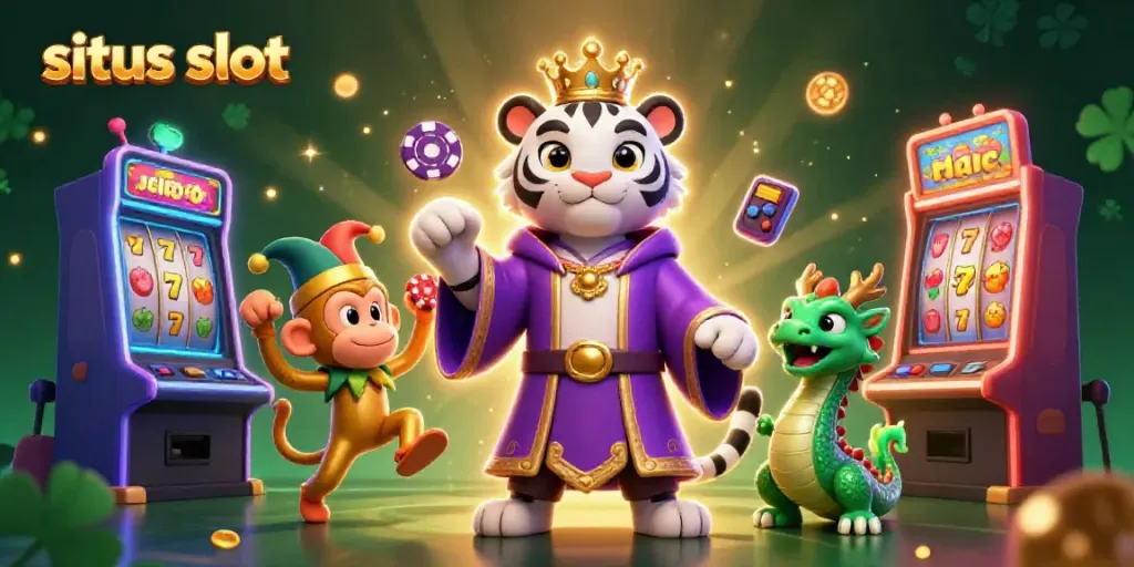 Experience the thrill of situs slot with a majestic tiger and playful monkey in a vibrant casino setting.