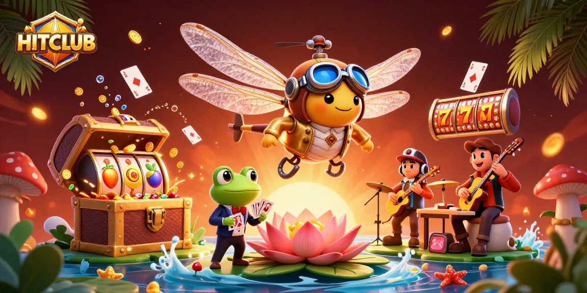 HITCLUB showcases vibrant 3D illustration blending dragonflies and casino elements for an immersive gambling experience.