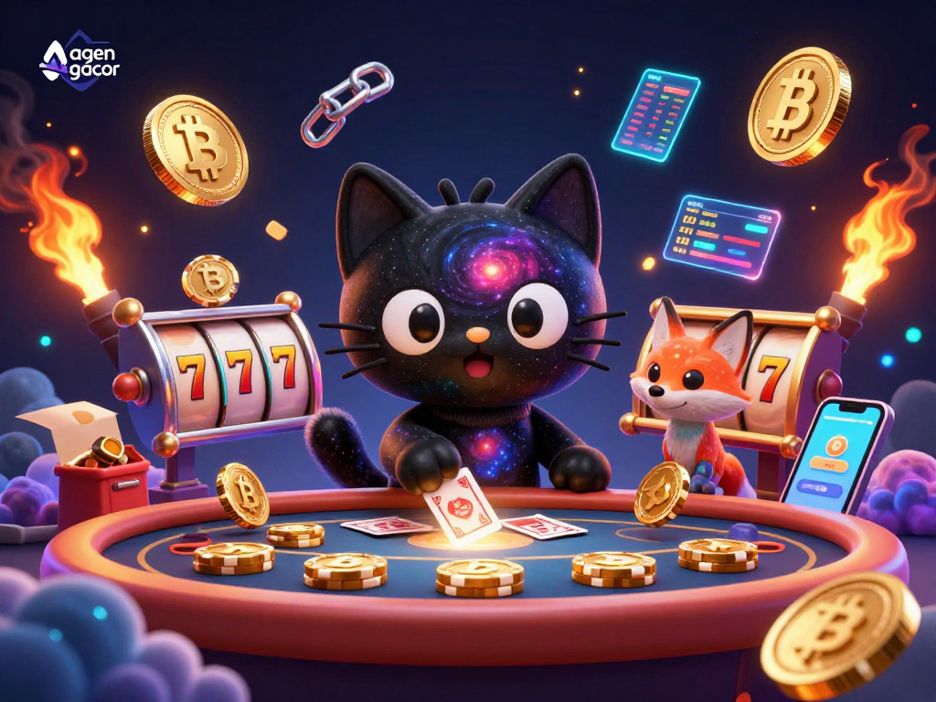 Spin to win with agen gacor at a cosmic casino with magical characters and glowing digital elements.