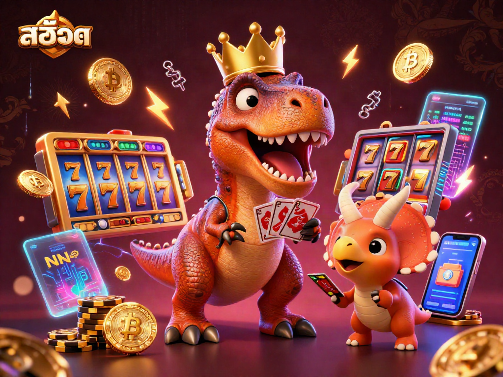 Spin the สล็อต reels with a fun dinosaur scene featuring T-Rex, pterodactyl, and triceratops.