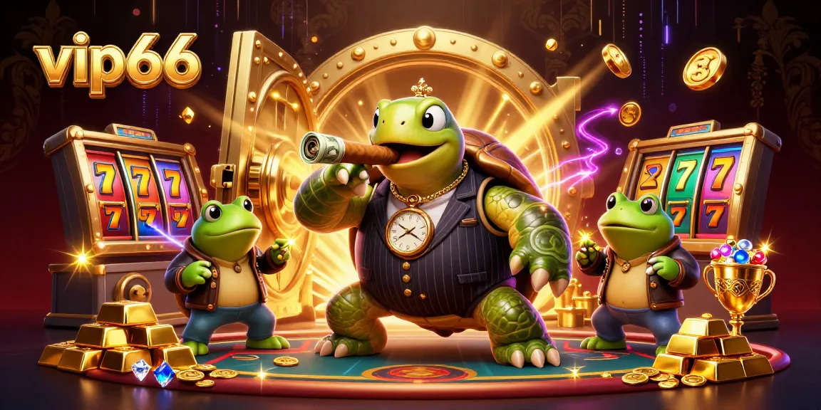 Engage with the vibrant vip66 casino scene featuring a snapping turtle in a mobster suit and dynamic slot elements.