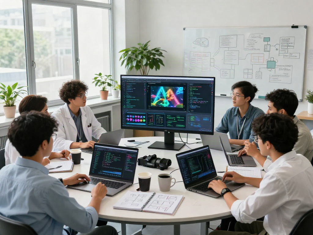Team analyzing AI-generated image detection tools in a modern lab.