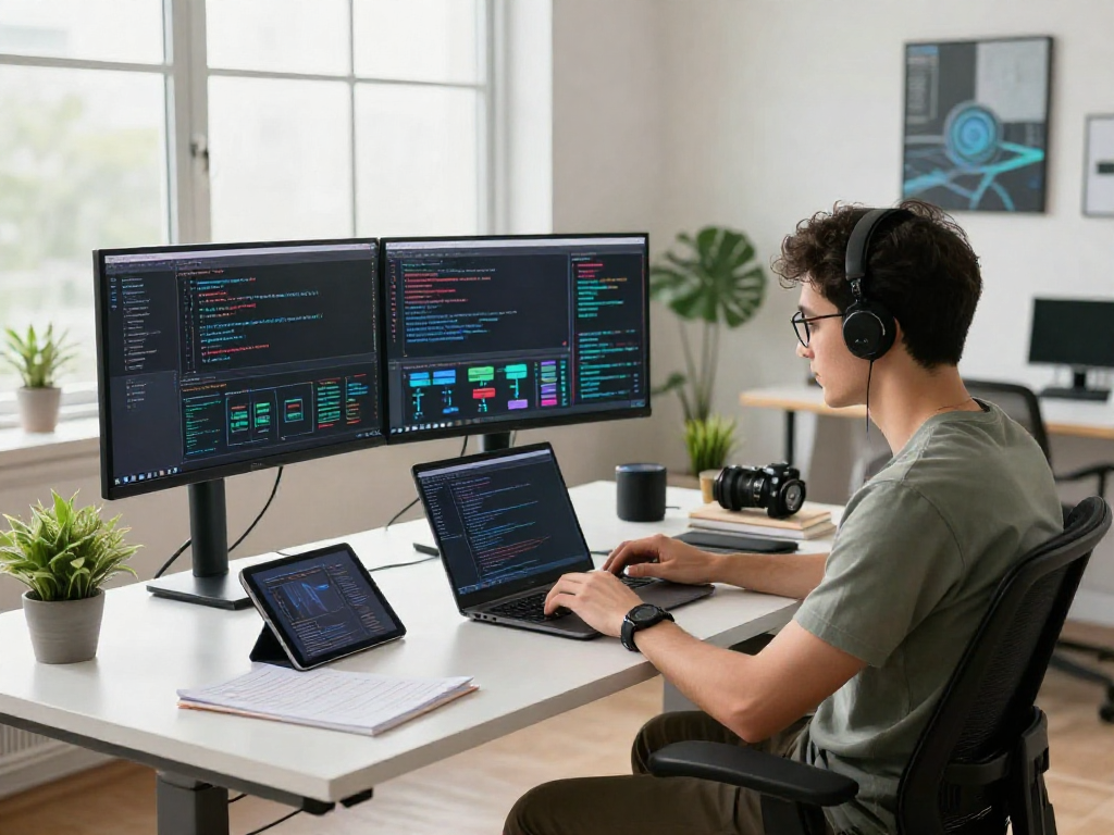 Developer coding at a modern workspace with AI algorithms, reflecting the innovative spirit of tech and the future of ai gf.