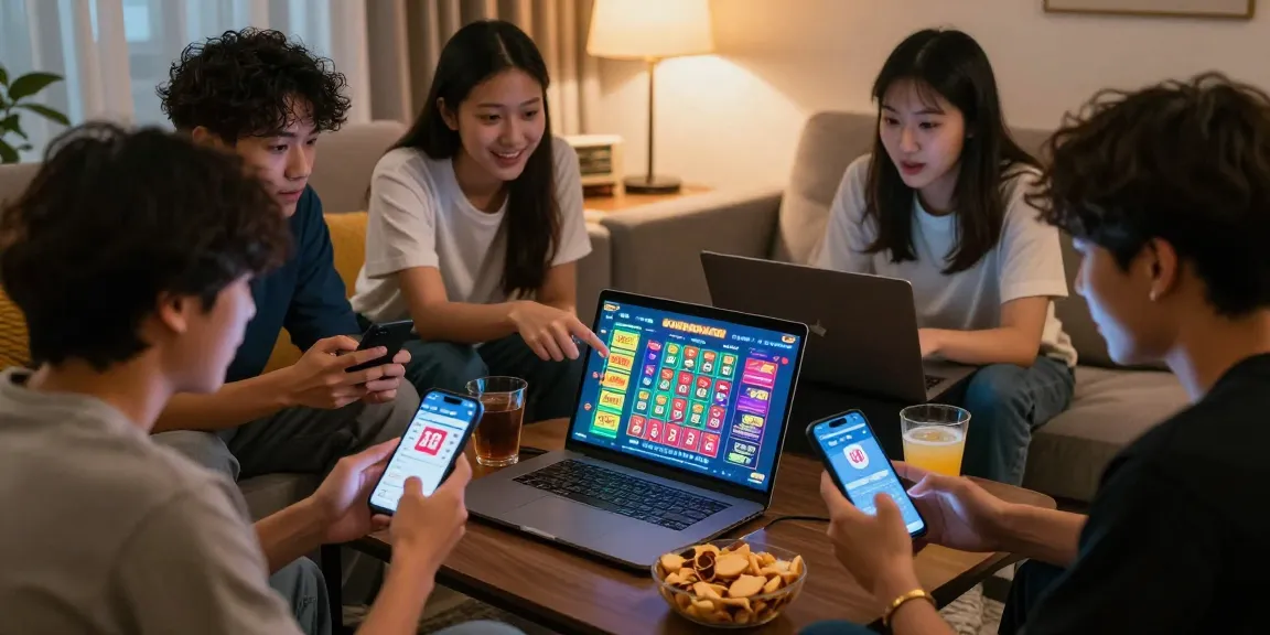 Kelompok teman bermain togel DIANA4D dengan antusias, menunjukkan angka di layar laptop dan ponsel.