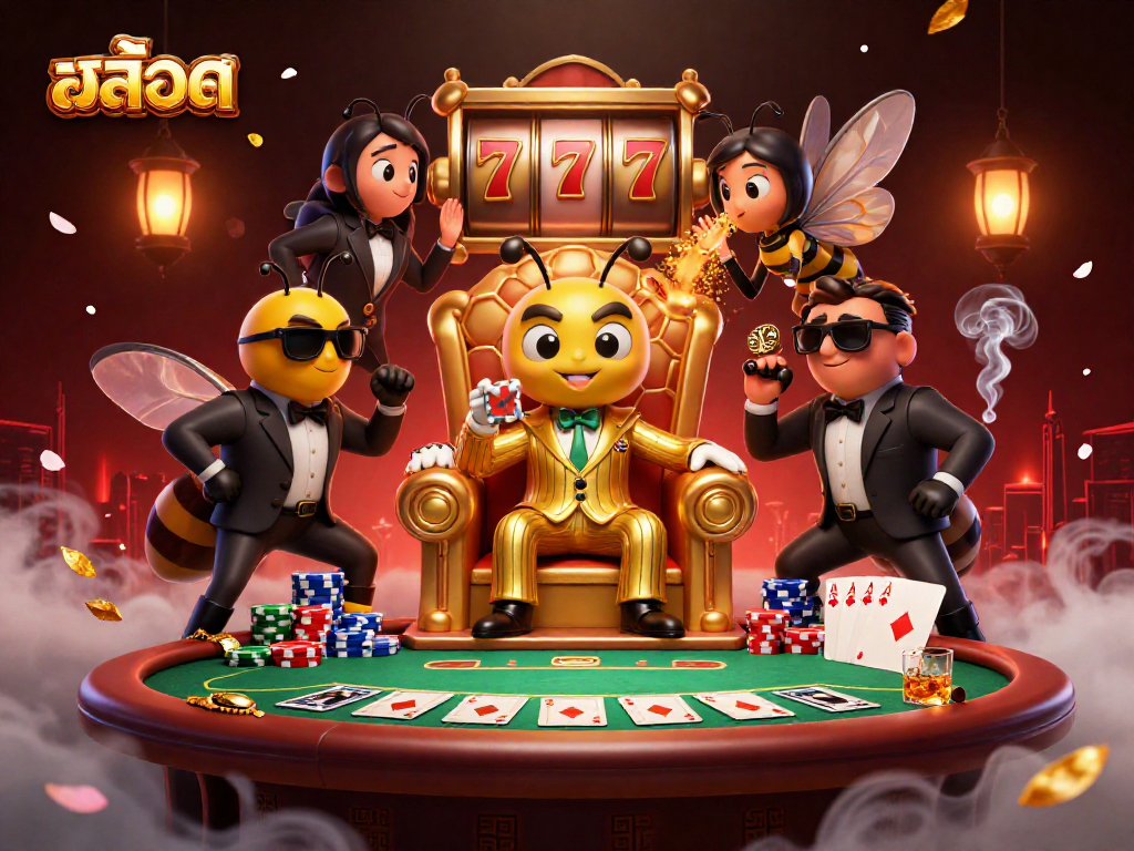 Spin the สล็อต reels in a vibrant casino scene with a bumblebee mob boss and his entourage.