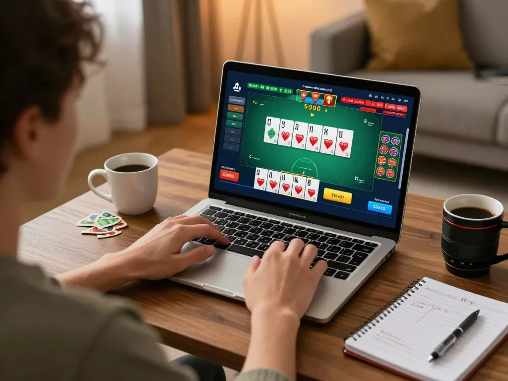 Player enjoying online poker at home on 888bgo platform in a cozy living room.