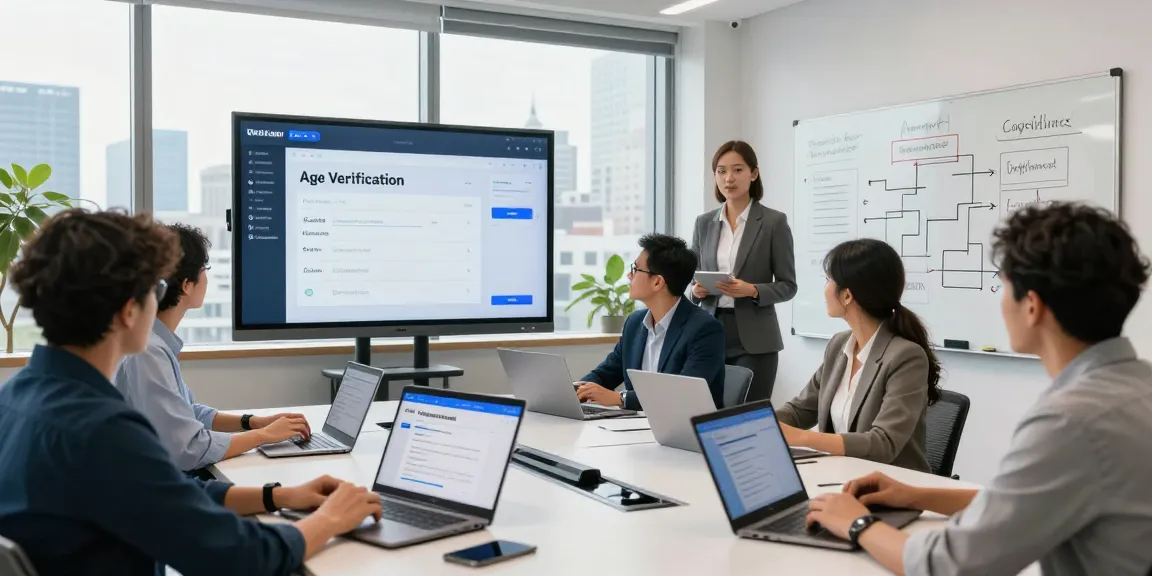 Team collaborating on an age verification system in a modern office