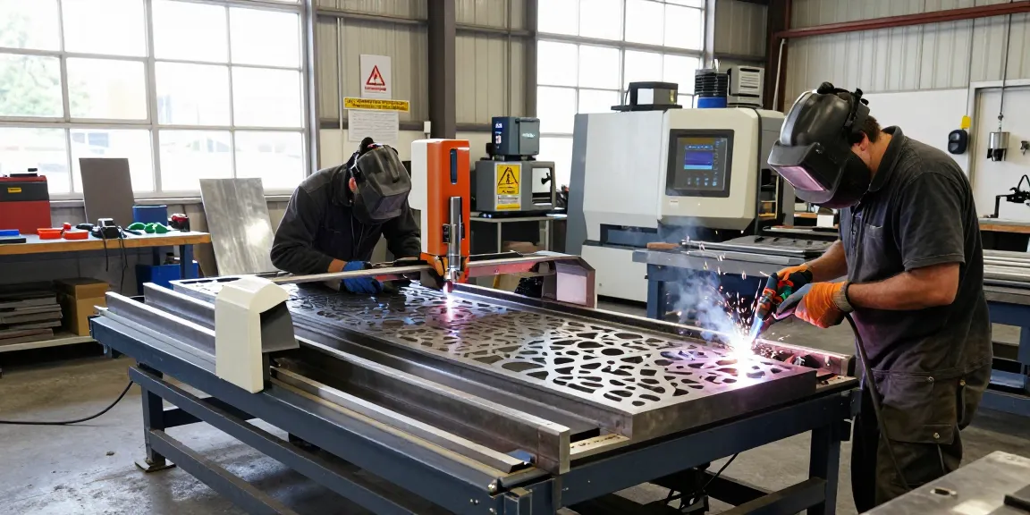 Skilled artisans in a custom metalwork workshop actively engaged in precision metal fabrication vancouver services.