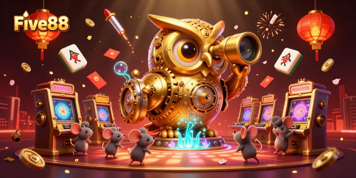 Experience the thrill of Five88 with vibrant casino action, featuring a golden owl and colorful game elements.
