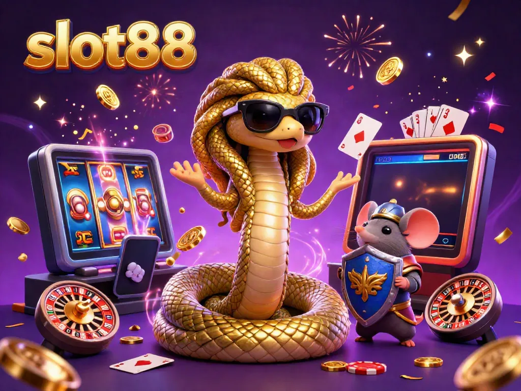 Spin the reels of slot88 with Medusa and a valiant warrior in this vibrant casino illustration.