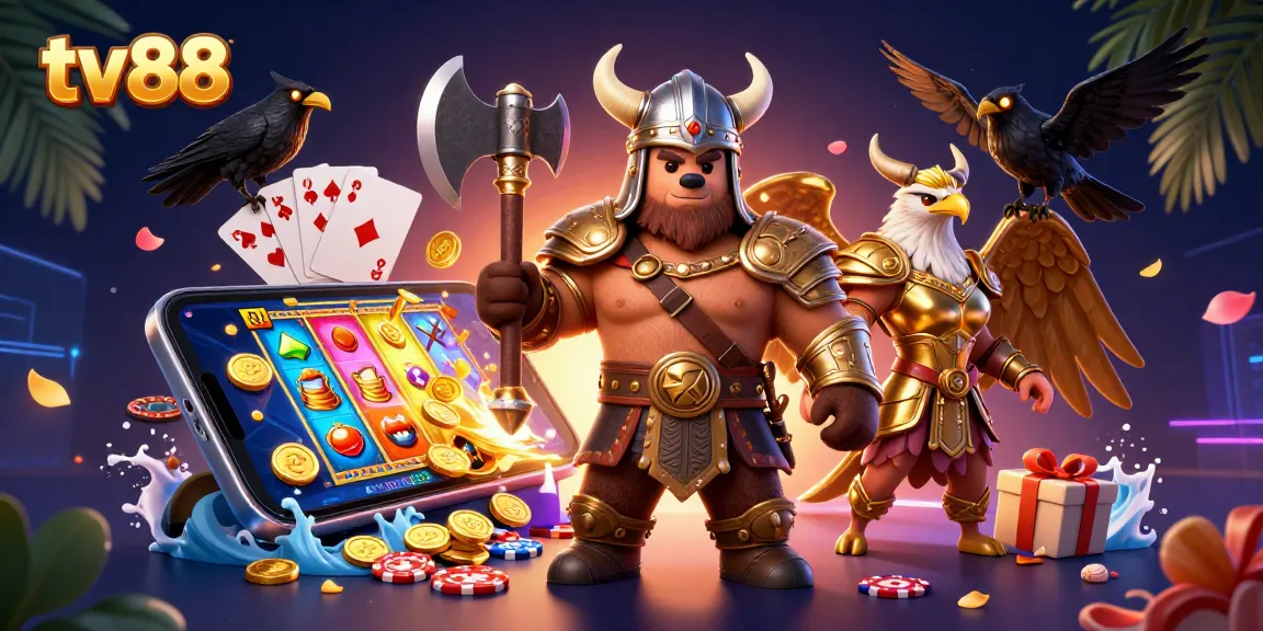 Spin to win with tv88's vibrant slot games featuring Viking characters and golden treasures.
