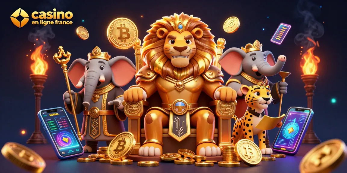 Plongez dans le monde du casino en ligne France avec un lion royal entouré d'éléments de jeu captivants.