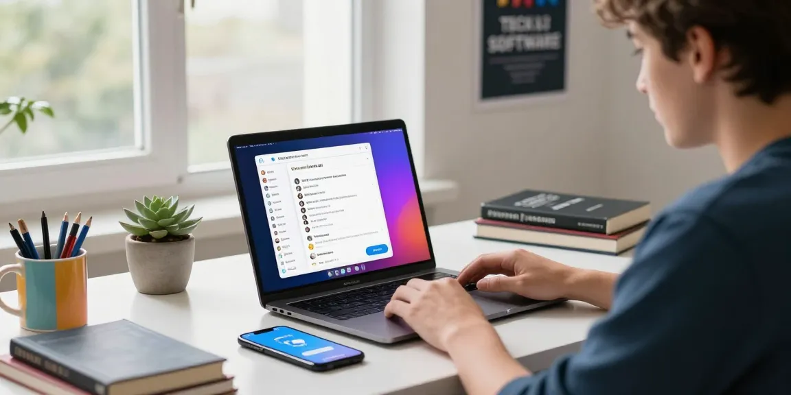 Professional using telegramin-cn.com on a modern workspace with tech elements.