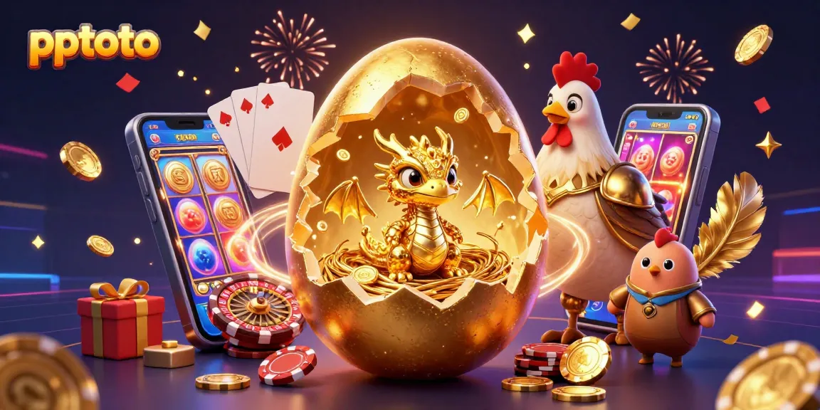 PPTOTO presents an engaging experience with fun visuals of a golden dragon and vibrant casino elements.