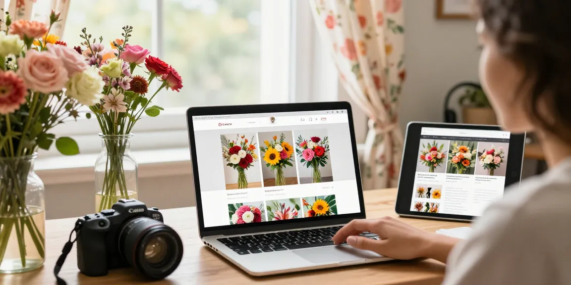 Online shopping for floral arrangements and MODALWD course in bright home office