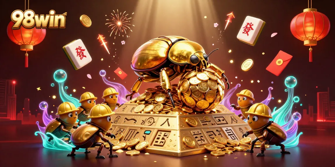 Experience excitement at 98win with a vibrant illustration of a golden beetle rolling jackpot coins in a casino scene.