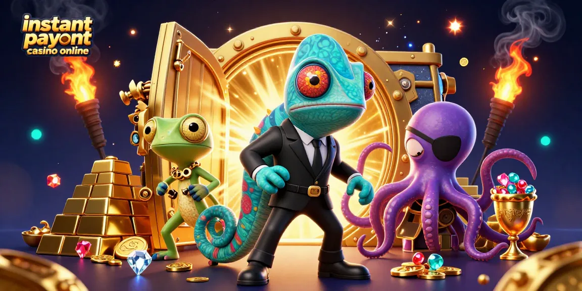 Experience instant payout casino online thrills with cartoon characters amidst treasure and dynamic gaming elements.