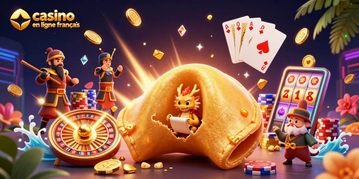 Jouez à un casino en ligne français avec cette illustration dynamique d'un cookie porte-bonheur et dragons.