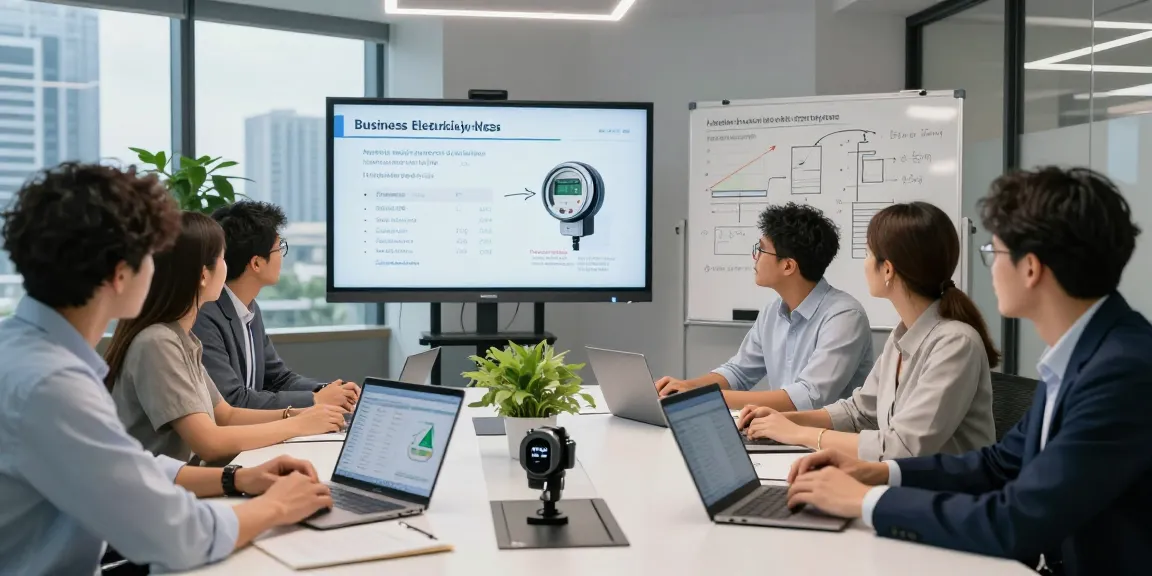 Team discussing business electricity half hourly meter solutions in a modern office with energy consumption analytics displayed.