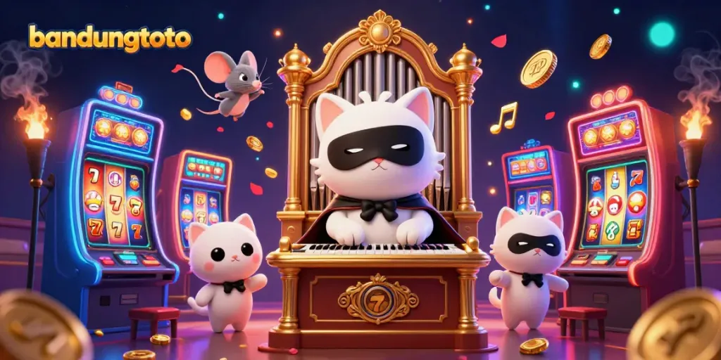 BANDUNGTOTO gaming scene featuring a phantom cat and mouse acrobat, surrounded by vibrant slot machines.