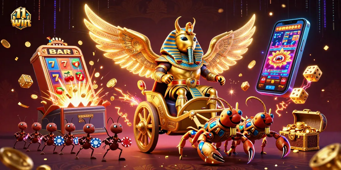 11 win online casino gaming scene with a golden scarab beetle and thrilling slot machine jackpot