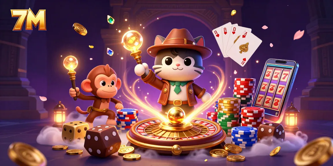 Engage with the thrilling game atmosphere of 7M as an explorer cat uncovers golden casino treasures.