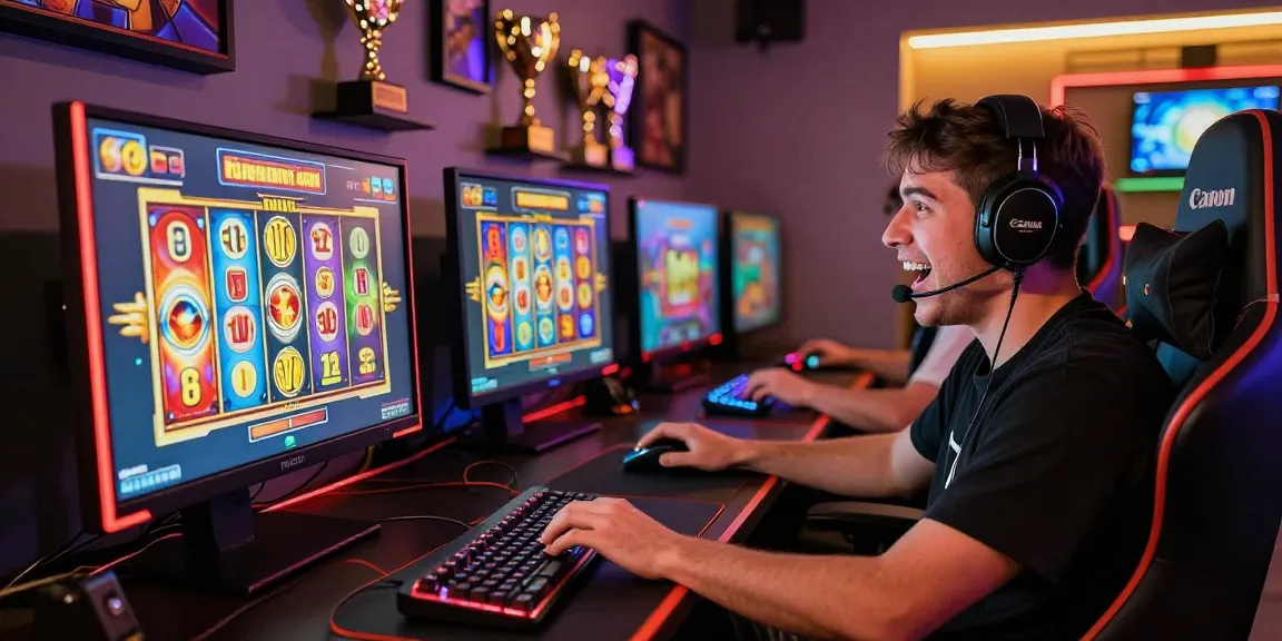 Pengguna bermain slot online di perangkat gaming modern dengan suasana ceria.