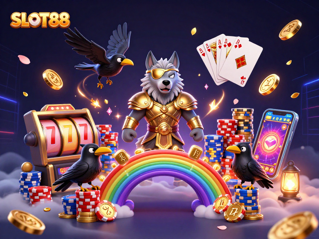 SLOT88 hadir dengan slot gacor yang mengagumkan, dipenuhi koin emas dan permata yang bersinar di sekelilingnya.