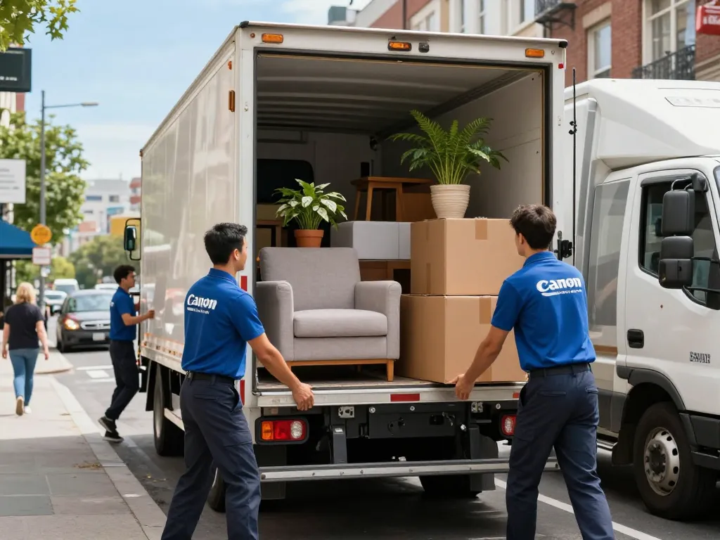 Umzugsunternehmen Hannover, die Möbel und Kartons während eines geschäftigen Umzugs in die Stadt in einen Lkw laden.