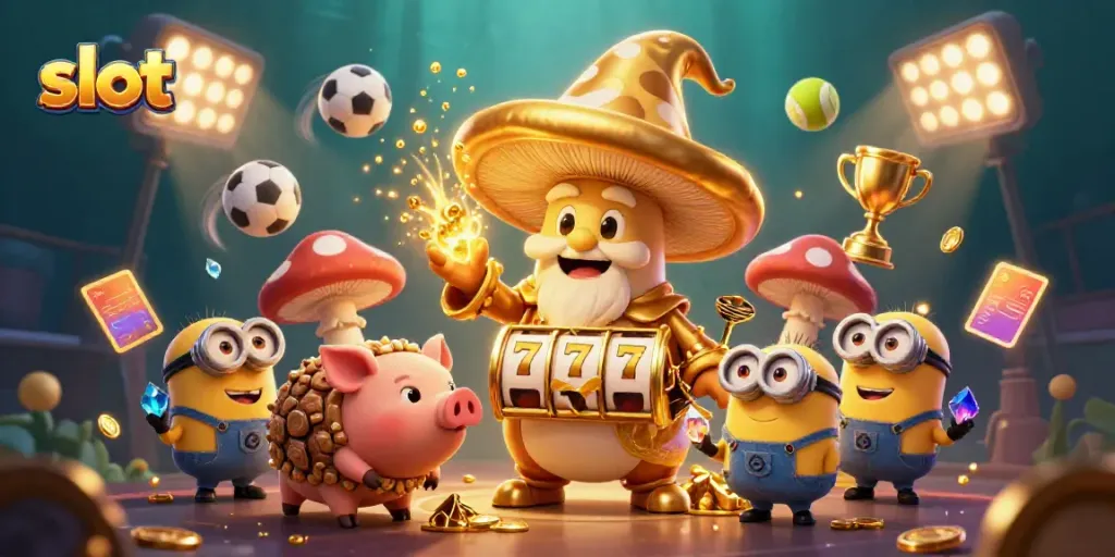 Mikan slot dalam ilustrasi 3D yang menampilkan karakter kartun sihir dan elemen kasino menarik.