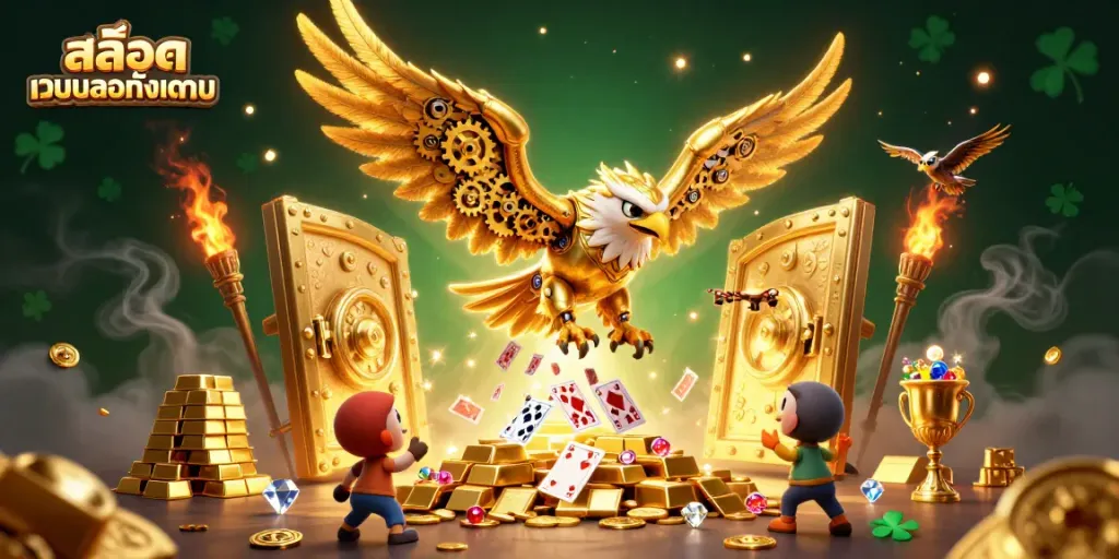 Engage with สล็อตเว็บตรงทั้งหมด through a 3D illustration depicting a cybernetic eagle and glowing treasures.