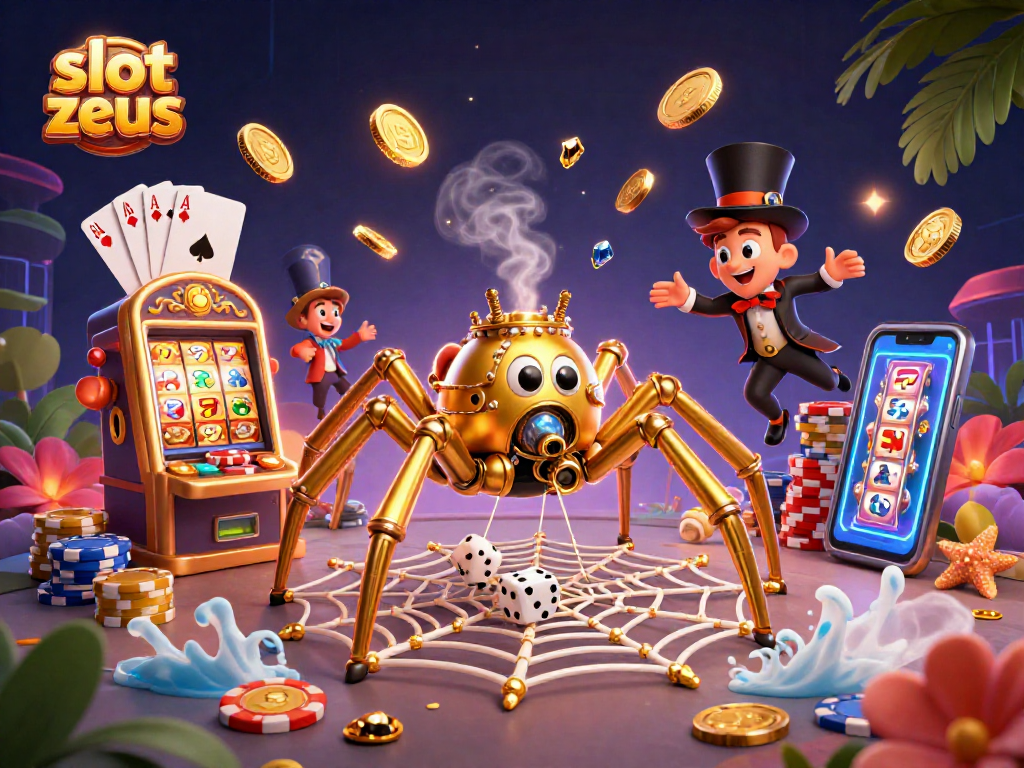 Spin to win on Slot Zeus with an engaging 3D scene featuring golden coins, poker chips, and dynamic characters.
