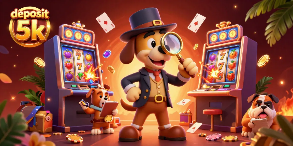 Deposit 5k illustration featuring a bloodhound detective examining a poker chip in a vibrant casino setting.