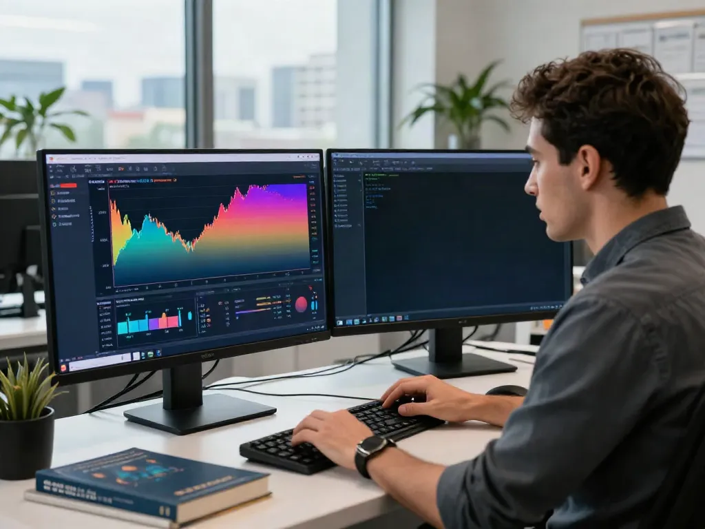 Trader using TradingView on dual monitors in a modern office, analyzing markets and data.