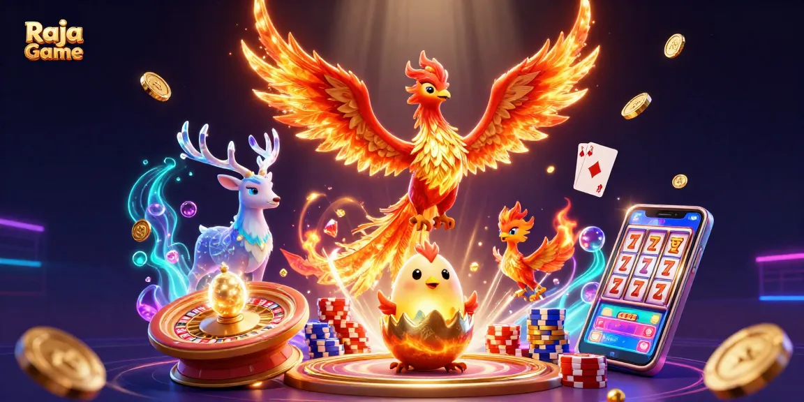 Experience thrilling gameplay on Raja Game with a vibrant illustration of phoenixes and casino elements.