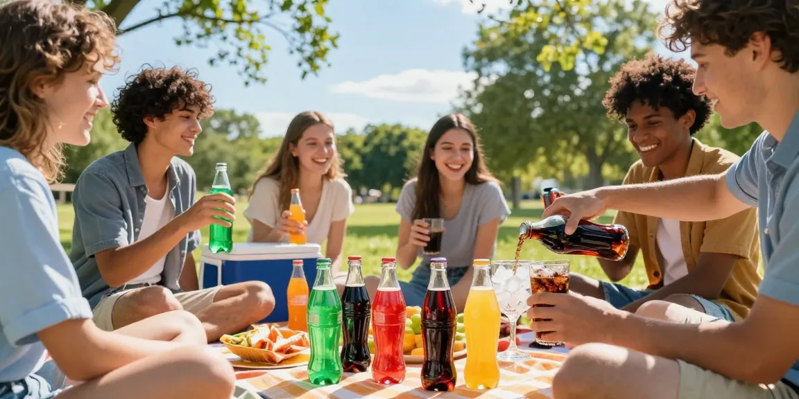 Soda drink picnic scene featuring friends enjoying colorful beverages during a sunny day.