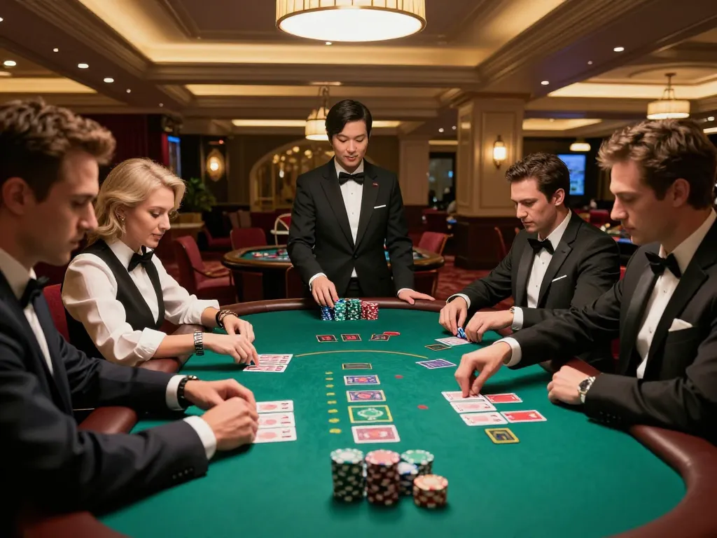 sunwingo players making bold bets at a blackjack table in an upscale casino, showcasing strategic gameplay
