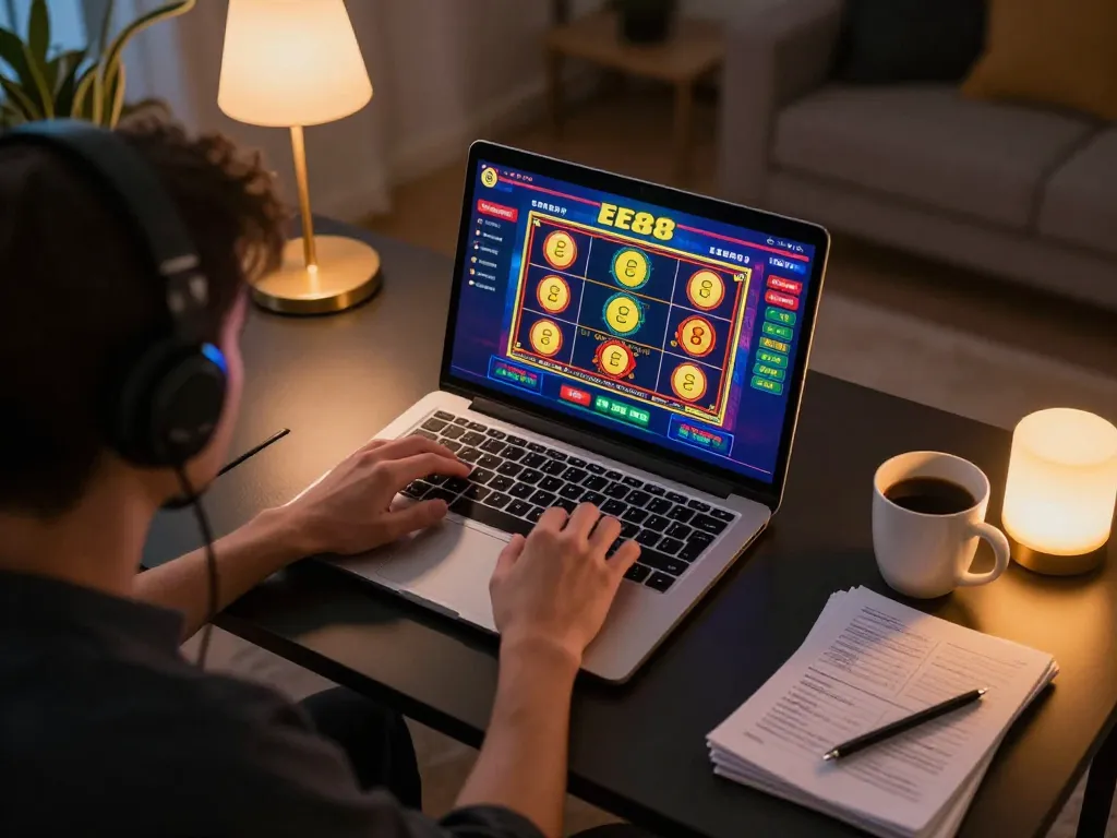 Person participating in online gambling at home using ee88's casino platform, complete gaming setup visible.