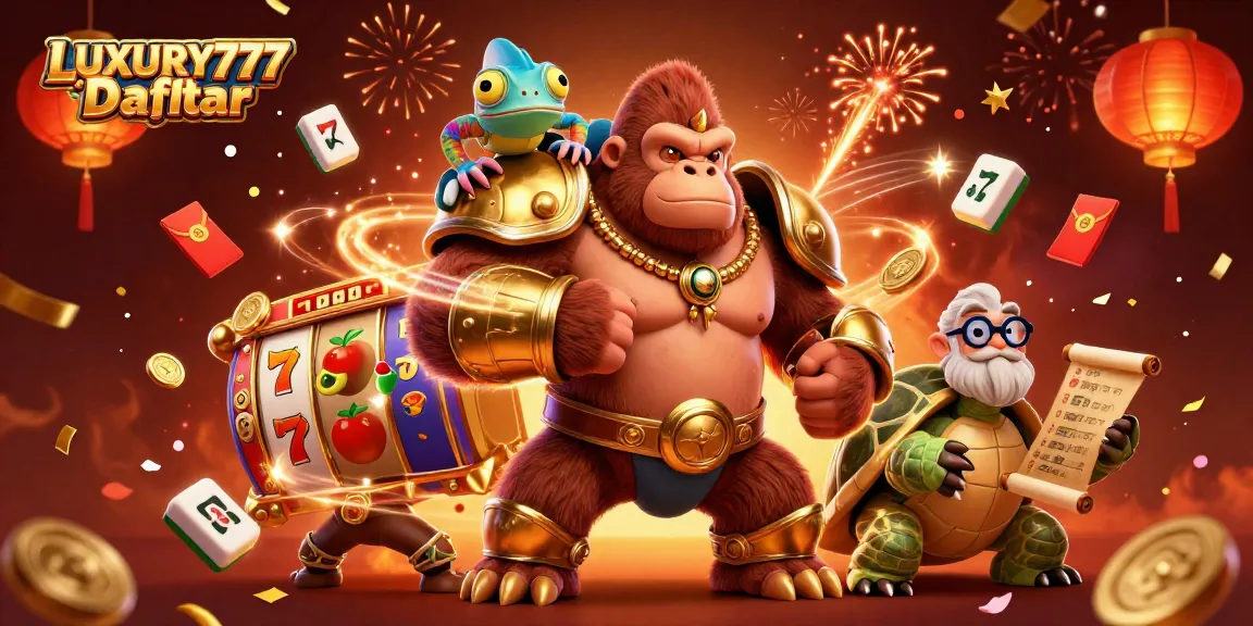 LUXURY777 Daftar menunjukkan simbol kemenangan di kasino dengan gorila kuat mengenakan armor emas dan chameleon yang cerdik.