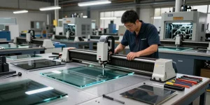 Technician using a glass cutting table in a high-tech industrial workshop, showcasing precision in glass processing.