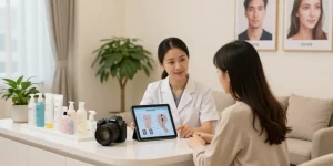 歓迎する環境の中で、美容専門家と治療オプションについて話し合うVIO脱毛+クリニックでの相談。