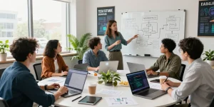 Team collaborating on AI startups 2026 strategy in a vibrant tech office.