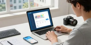 Setting up telegram chinese latest guide on a laptop in a modern workspace with vibrant surroundings.