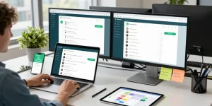 User engaging with WhatsApp網頁版 on a modern laptop in a bright workspace